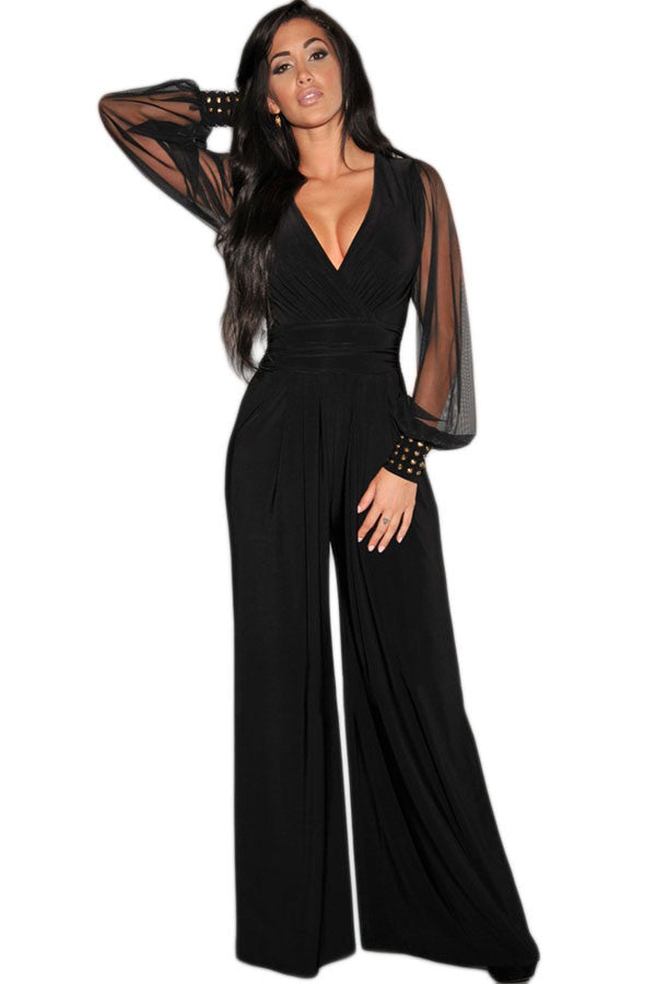 Online discount shop Australia - Cfanny Rompers Womens Jumpsuit  Black V Neck Wide Leg Jumpsuit Ladies Elegant Jumpsuit Plus Size Overalls For Women