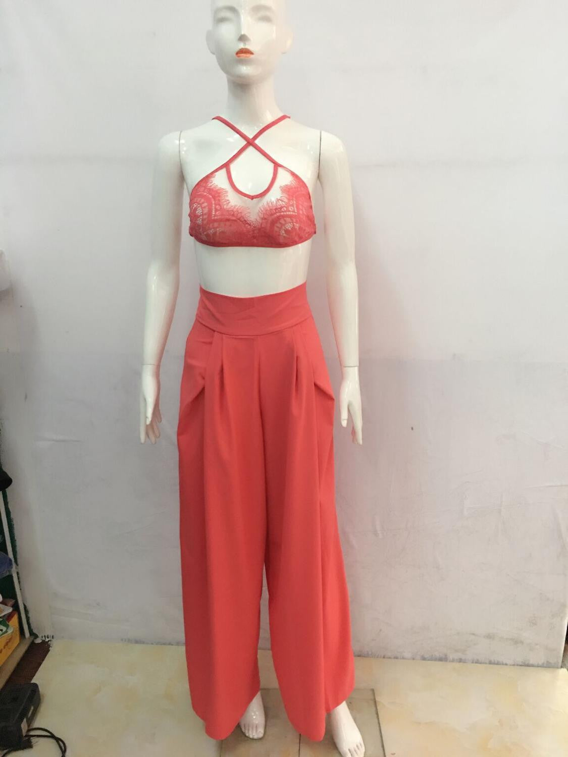 Online discount shop Australia - Fashion lace top 2 Pieces Jumpsuit Sexy Long pants Strapless Crop Tops High Waist Wide Leg Pants Rompers Red/blue