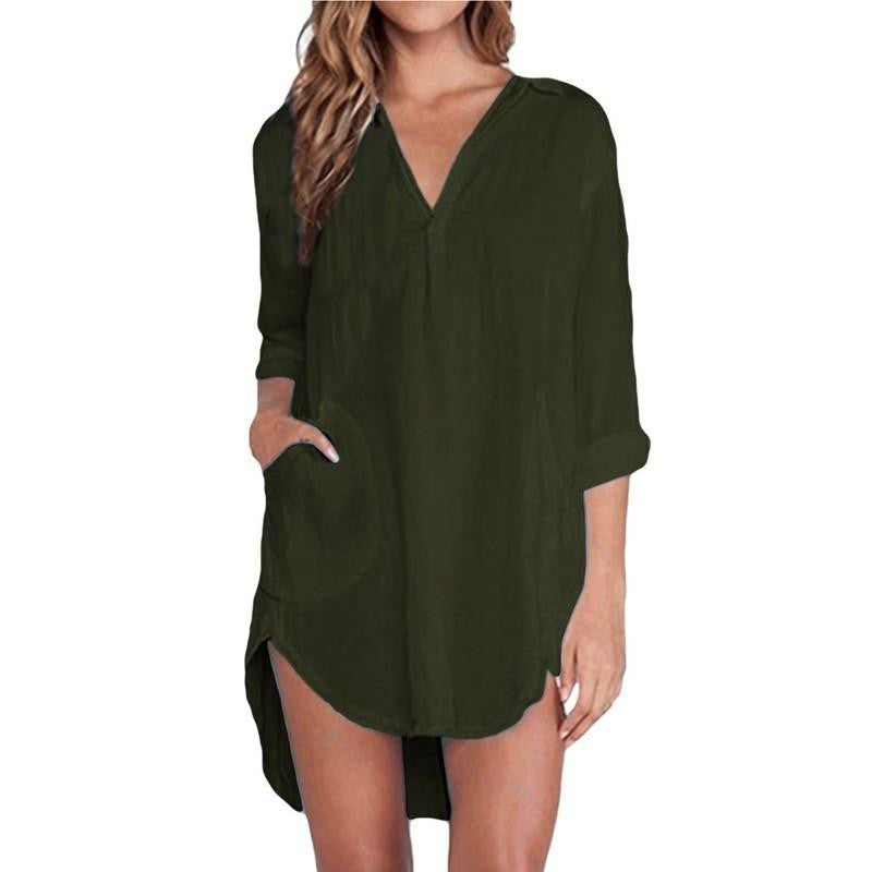 Women Elegant Long Tops V Neck Pocket Pure Long Sleeve Casual Loose Mini Dress Vestidos Shirts Plus Size