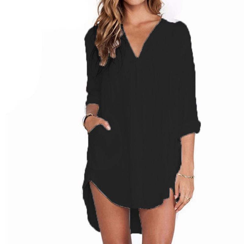 Women Elegant Long Tops V Neck Pocket Pure Long Sleeve Casual Loose Mini Dress Vestidos Shirts Plus Size