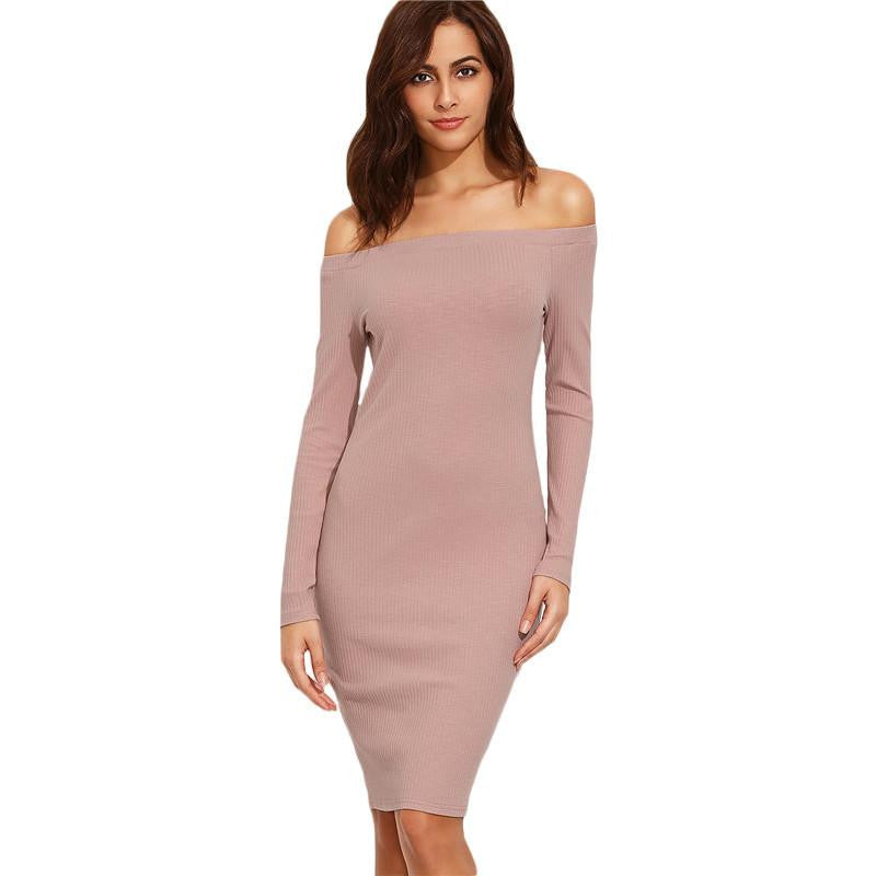 SheIn Elegant Dresses For Woman Autumn Ladies Plain Pink Off The Shoulder Long Sleeve Knee Length Sheath Dress