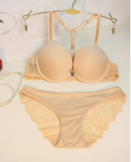 women Intimates sexy Y-line straps bra set front closure bra + hollow out Panties Lace bra set