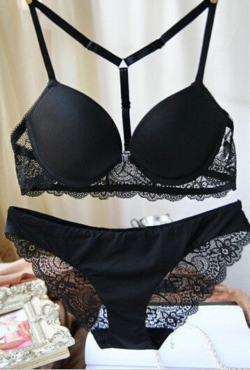 women Intimates sexy Y-line straps bra set front closure bra + hollow out Panties Lace bra set