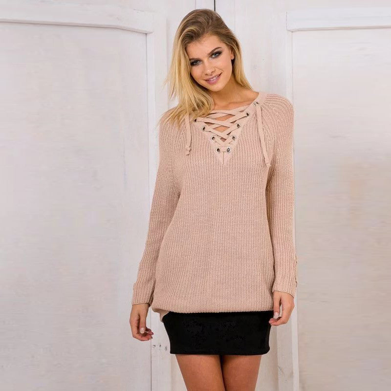 Fashion Knitted Sweater Women winter sexy V-NECK long sleeve Lace up long pullover ladies causal solid loose top plus size - CelebritystyleFashion.com.au online clothing shop australia
