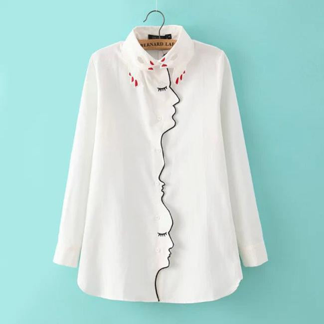 Womens Novelty Face Placket Finger Collar Embroidery Long Sleeve Shirts Tops Casual Ladies