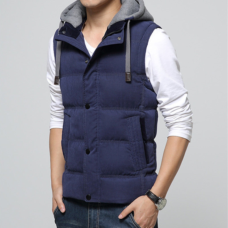 Casual Men Vest Men Cotton High Waistcoat Hat Detachable Windbreak Khaki Men Vest 4XL 7 Colors