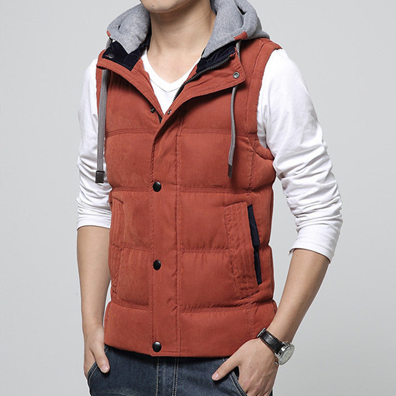 Casual Men Vest Men Cotton High Waistcoat Hat Detachable Windbreak Khaki Men Vest 4XL 7 Colors