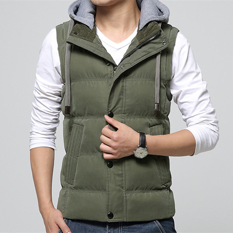Casual Men Vest Men Cotton High Waistcoat Hat Detachable Windbreak Khaki Men Vest 4XL 7 Colors