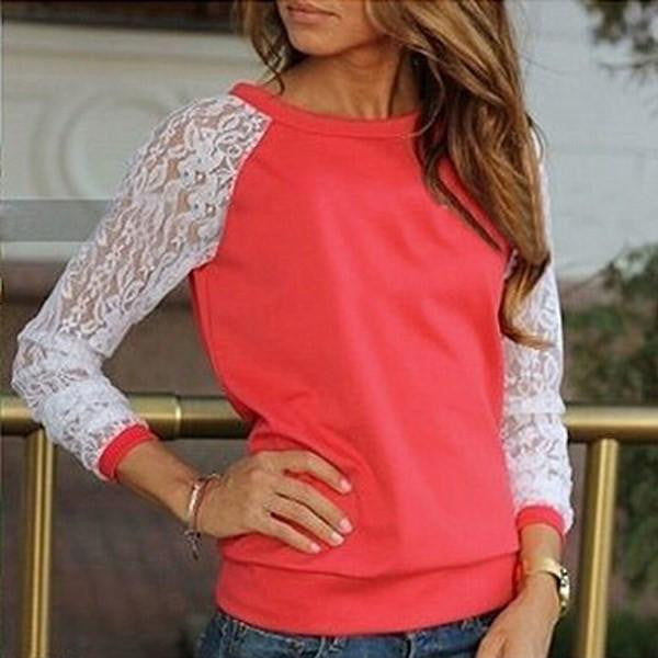 Womens Blouse Casual Shirt Lace Floral Patchwork Long Sleeve Blouse Lady Tee Shirt Top