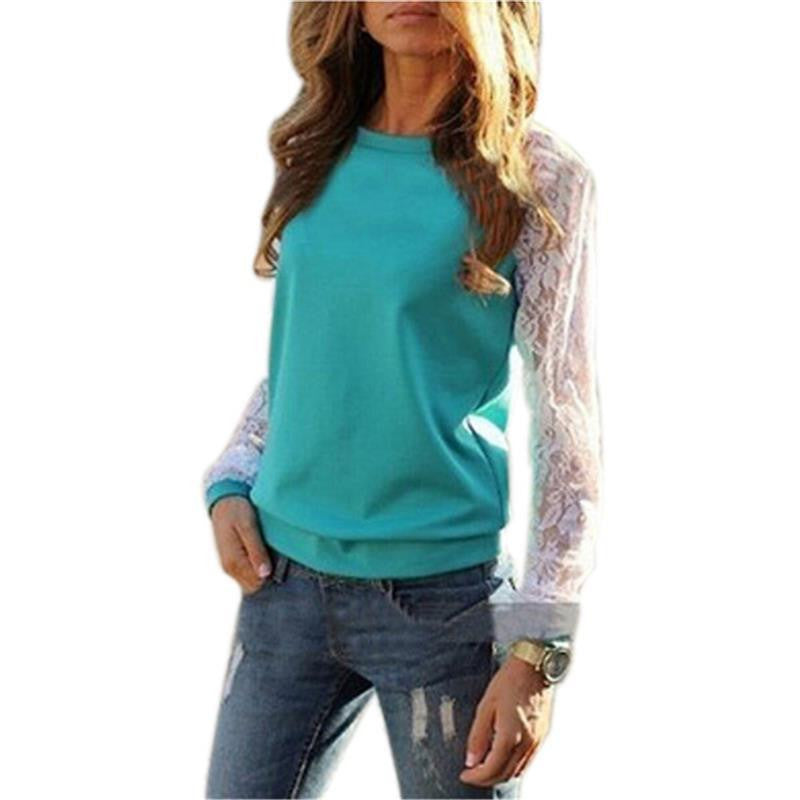 Womens Blouse Casual Shirt Lace Floral Patchwork Long Sleeve Blouse Lady Tee Shirt Top
