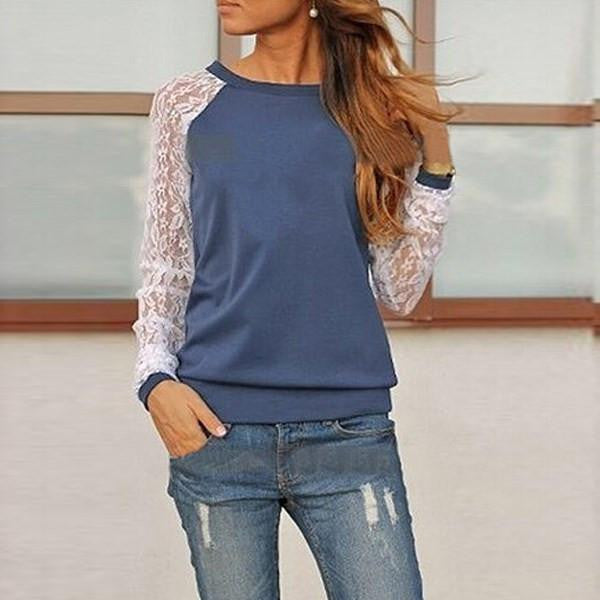 Womens Blouse Casual Shirt Lace Floral Patchwork Long Sleeve Blouse Lady Tee Shirt Top