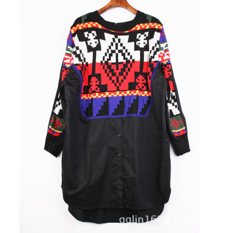 Plus Size women blouses knitted patchwork shirt geometrical pattern loose o-neck shirt fashion top 8751L