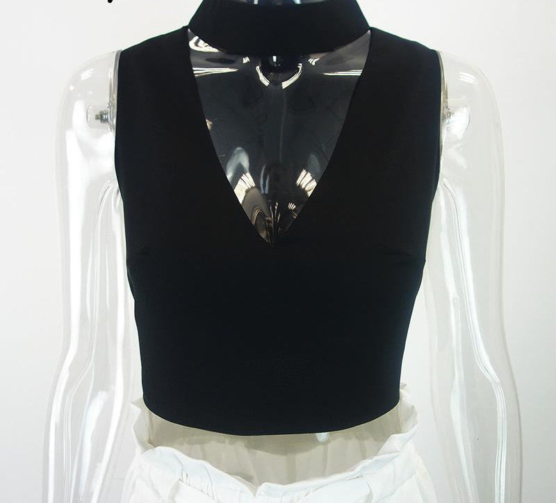 high neck white halter girls 90's cropped tank top Summer sexy v neck sleeveless women short crop tops - CelebritystyleFashion.com.au online clothing shop australia