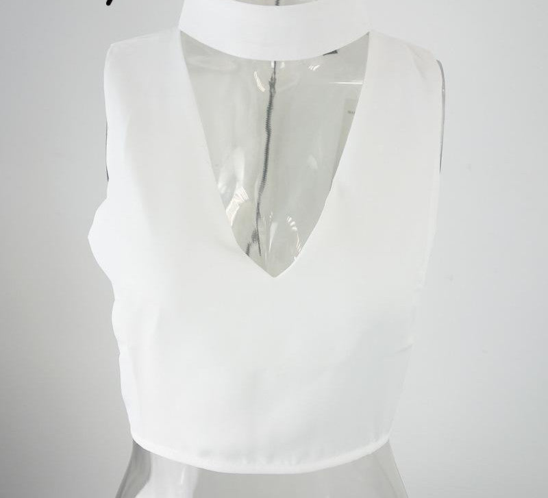 high neck white halter girls 90's cropped tank top Summer sexy v neck sleeveless women short crop tops - CelebritystyleFashion.com.au online clothing shop australia