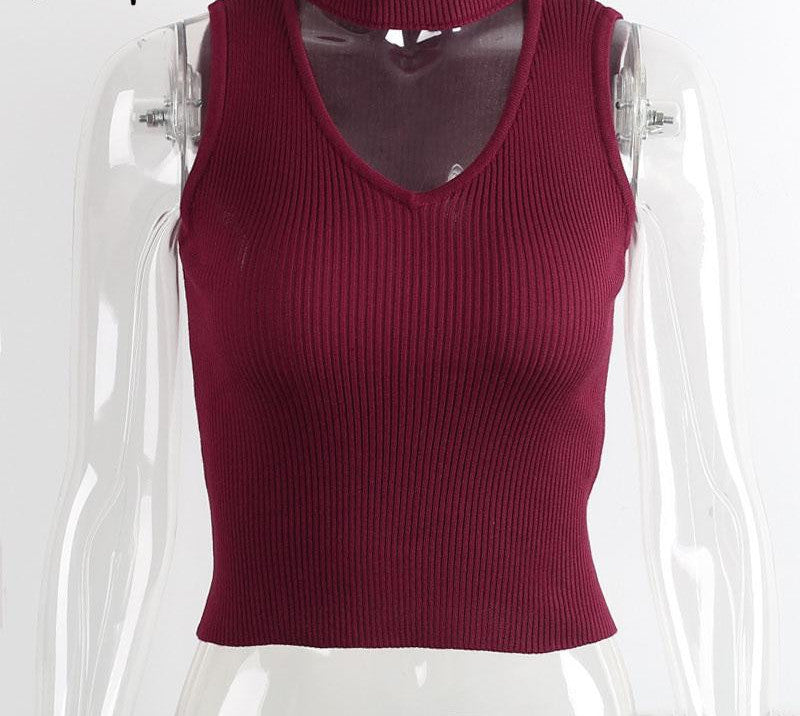 Online discount shop Australia - Elegant halter v neck knitted jumper Sexy sleeveless wine red party tank top  vintage gray crop top