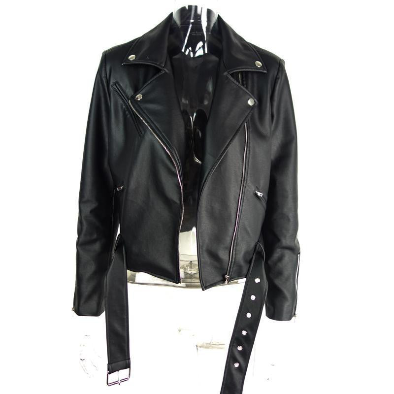 Simplee PU leather jacket coat Classic basic black short jackets women outwear adjustable waist motorcycle jacket