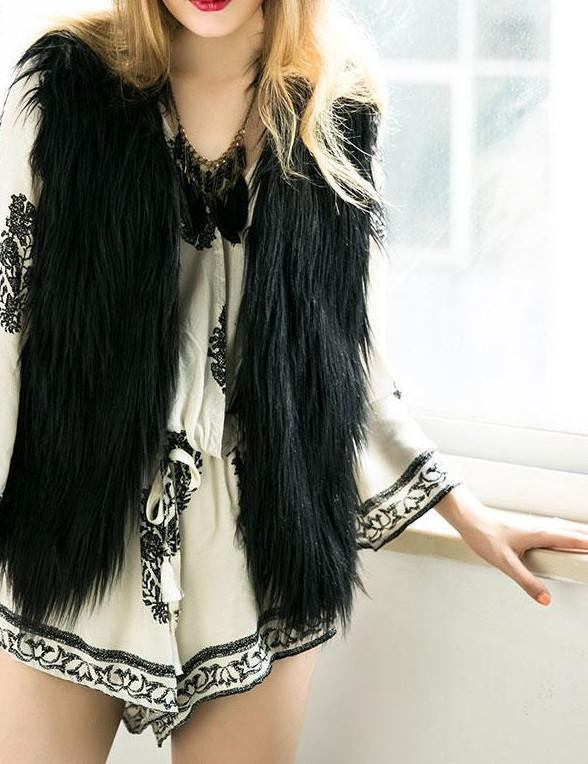 Simplee Casual fluffy pink elegant faux fur vest women jacket coat Soft warm sleeveless outwear black parkas