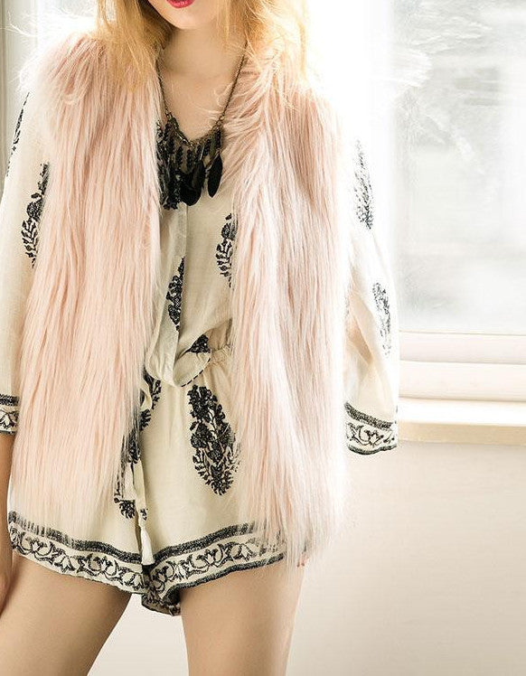 Simplee Casual fluffy pink elegant faux fur vest women jacket coat Soft warm sleeveless outwear black parkas