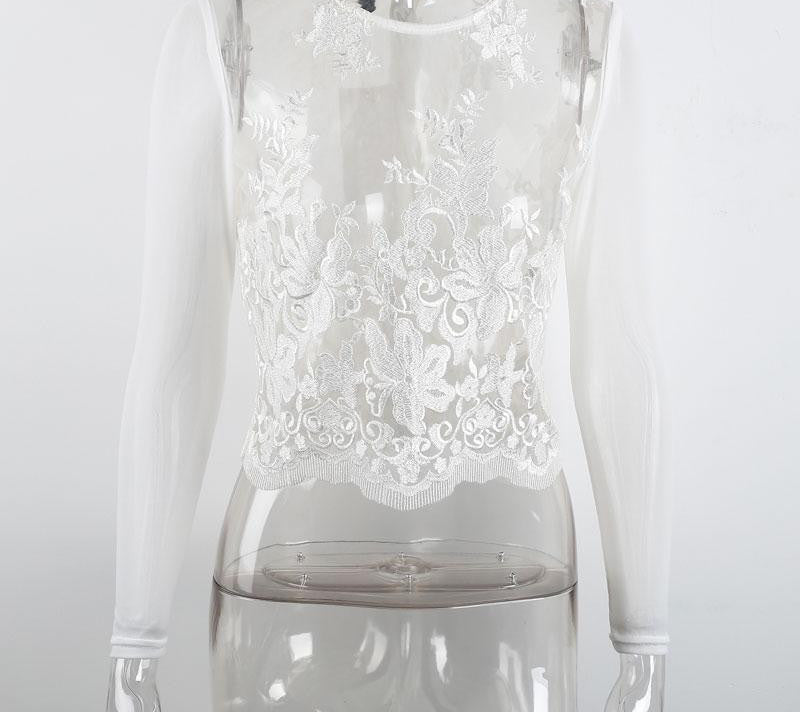 Online discount shop Australia - Embroidery transparent lace blouse shirt Sexy mesh long sleeve white blouse Elegant fringe zipper  tops