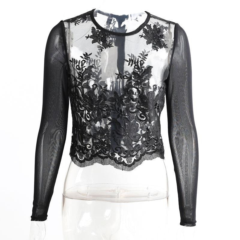 Online discount shop Australia - Embroidery transparent lace blouse shirt Sexy mesh long sleeve white blouse Elegant fringe zipper  tops