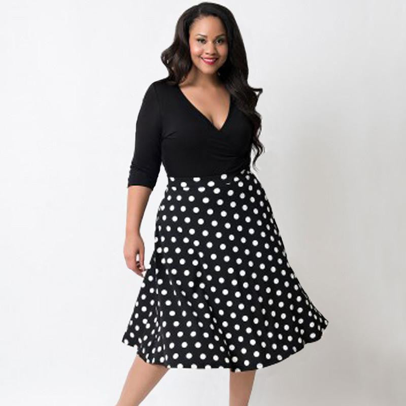 Tonval 5XL Women Vintage Polka Dot Dress Autumn Plus Size 4XL Clothing Deep V Neck Black Vestidos Casual Swing Dresses