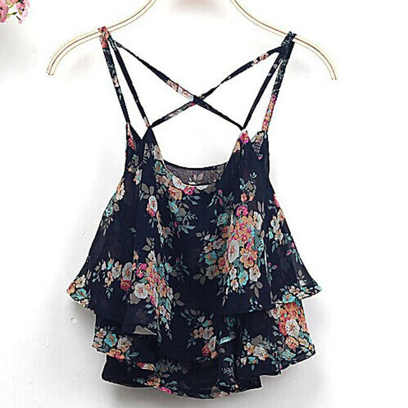 Women Clothing Spaghetti Strap Floral Print Chiffon Shirt Vest Blouses Crop Top