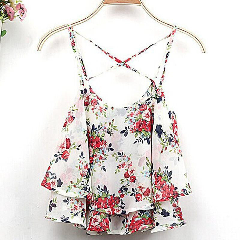 Women Clothing Spaghetti Strap Floral Print Chiffon Shirt Vest Blouses Crop Top