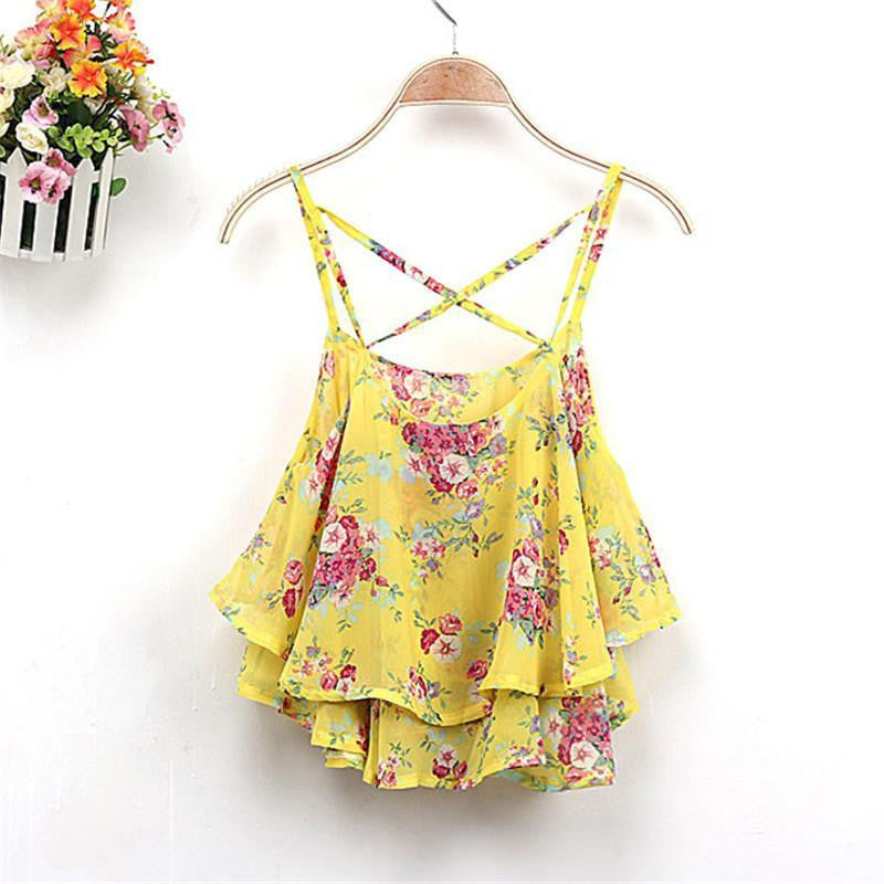 Women Clothing Spaghetti Strap Floral Print Chiffon Shirt Vest Blouses Crop Top