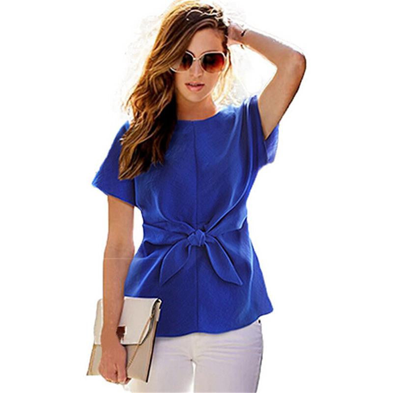 Online discount shop Australia - Fashion Short Sleeve shirt Bow Chiffon Shirt O-neck Office Women's Chiffon Blouse Work Shirt
