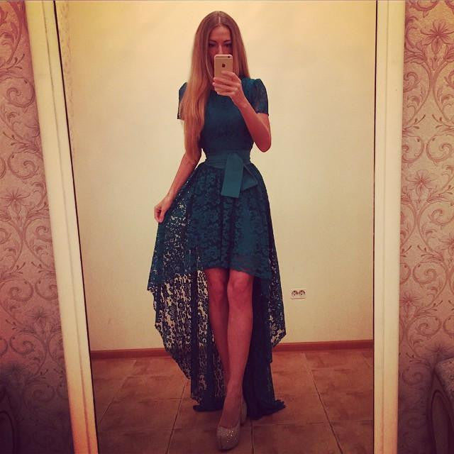 Women Fashion Summer Dress Asymmetrical Patchwork Dress Hollow Out Short Sleeve O Neck Lace Maxi Dresses