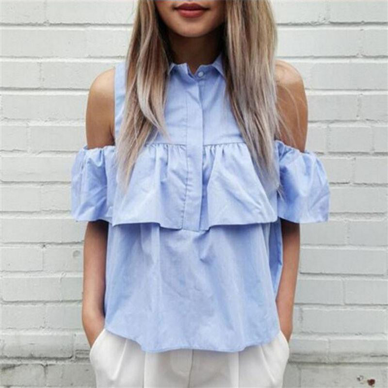 Off Shoulder Ruffles Women Blouse Short Shirts Turn-down Collar Crop Ladies Tops Blue and White