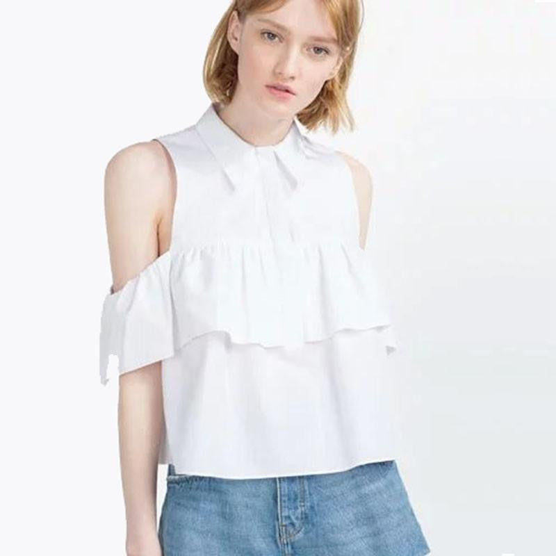 Off Shoulder Ruffles Women Blouse Short Shirts Turn-down Collar Crop Ladies Tops Blue and White