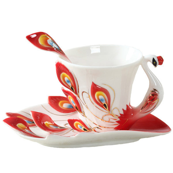 Peacock Coffee Cup Ceramic Creative Mug Bone 3D Color Enamel Porcelain Saucer Spoon Coffee Tea Sets for friend Gift