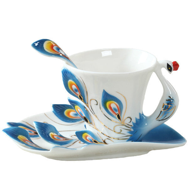 Peacock Coffee Cup Ceramic Creative Mug Bone 3D Color Enamel Porcelain Saucer Spoon Coffee Tea Sets for friend Gift