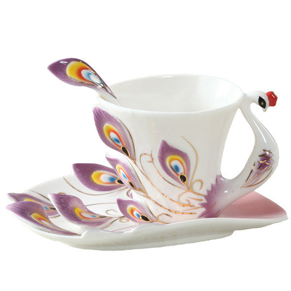 Peacock Coffee Cup Ceramic Creative Mug Bone 3D Color Enamel Porcelain Saucer Spoon Coffee Tea Sets for friend Gift
