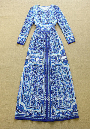 Online discount shop Australia - Fashion Designer Runway Maxi Dress Women's Long Sleeve Blue and White Printed Celebrity Party Long Dress