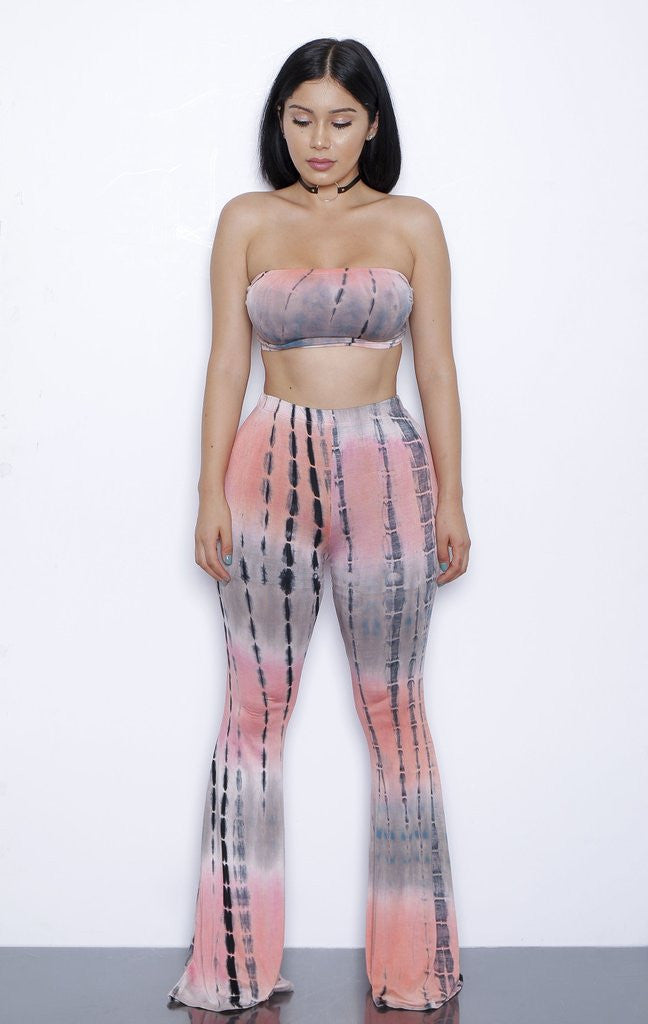Online discount shop Australia - European and American Style Tie Dye Flared Trousers High Waist Wide Leg Long Pants Trousers with Crop Top 2-piece Set