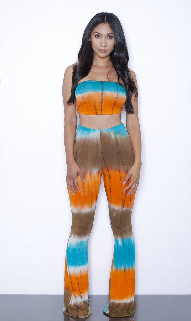 Online discount shop Australia - European and American Style Tie Dye Flared Trousers High Waist Wide Leg Long Pants Trousers with Crop Top 2-piece Set