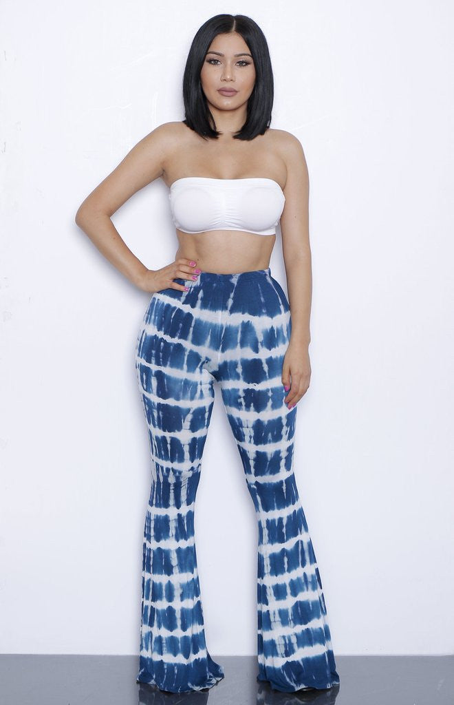 Online discount shop Australia - European and American Style Tie Dye Flared Trousers High Waist Wide Leg Long Pants Trousers with Crop Top 2-piece Set