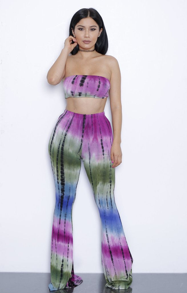 Online discount shop Australia - European and American Style Tie Dye Flared Trousers High Waist Wide Leg Long Pants Trousers with Crop Top 2-piece Set