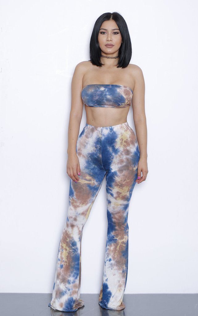 Online discount shop Australia - European and American Style Tie Dye Flared Trousers High Waist Wide Leg Long Pants Trousers with Crop Top 2-piece Set