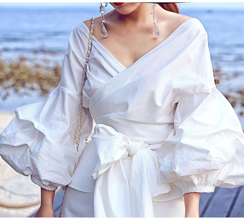 Online discount shop Australia - Fashion Runway Designer Style Women's Big Lantern Sleeve V-neck Bow Loose Top Shirt