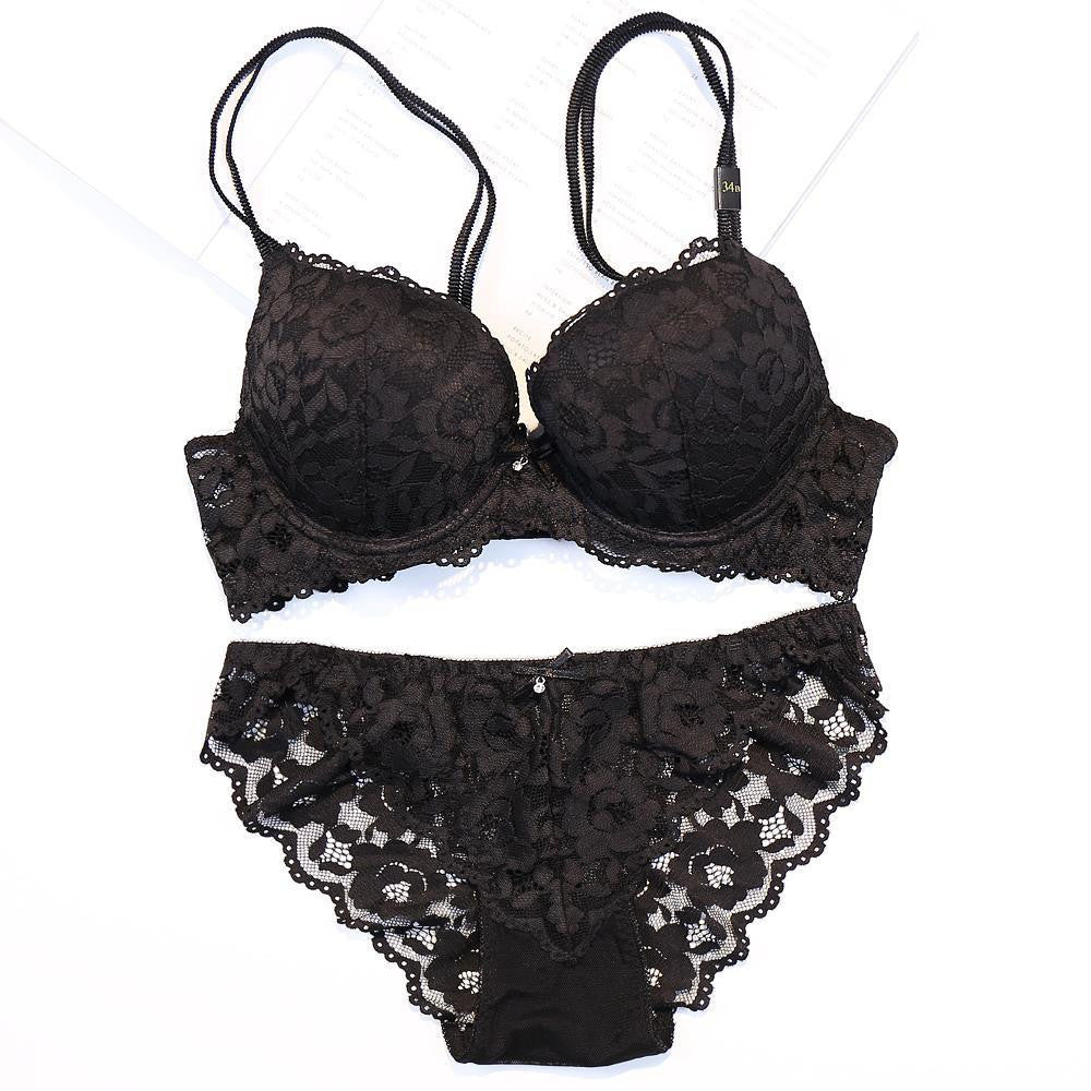 lace embroidery flowers thin thick double shoulder strap bra set deep V-neck thickening women's push up underwear
