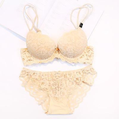 lace embroidery flowers thin thick double shoulder strap bra set deep V-neck thickening women's push up underwear