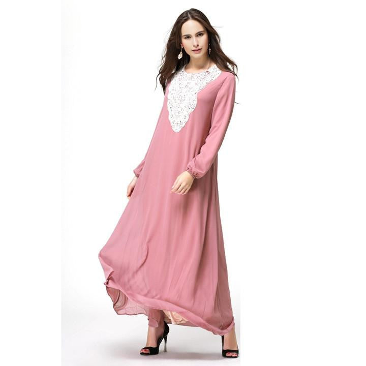 WJ Kaftan Jilbab Islamic Muslim Abaya Women Chiffon Maxi Long Sleeve Dress