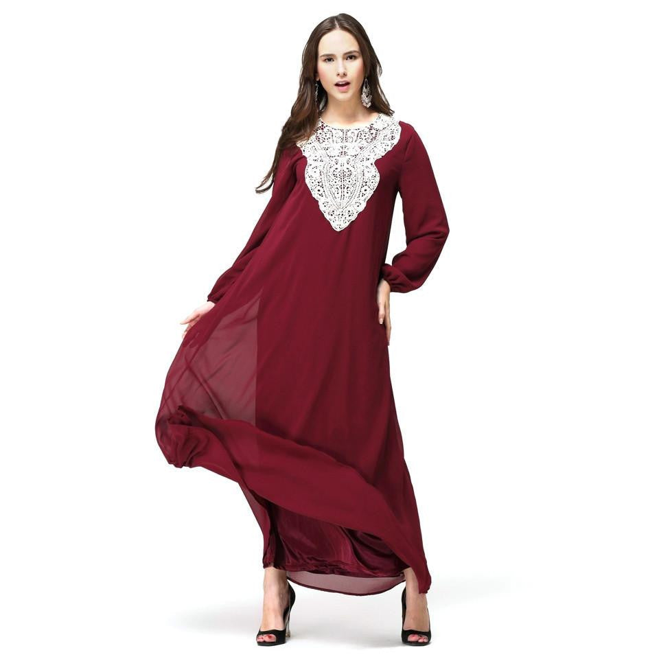 WJ Kaftan Jilbab Islamic Muslim Abaya Women Chiffon Maxi Long Sleeve Dress