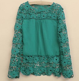 Plus Size 4XL 5XL women long-sleeved chiffon flower Lace Blouse Shirt Crochet Tops