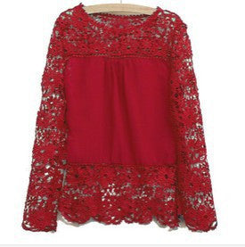 Plus Size 4XL 5XL women long-sleeved chiffon flower Lace Blouse Shirt Crochet Tops