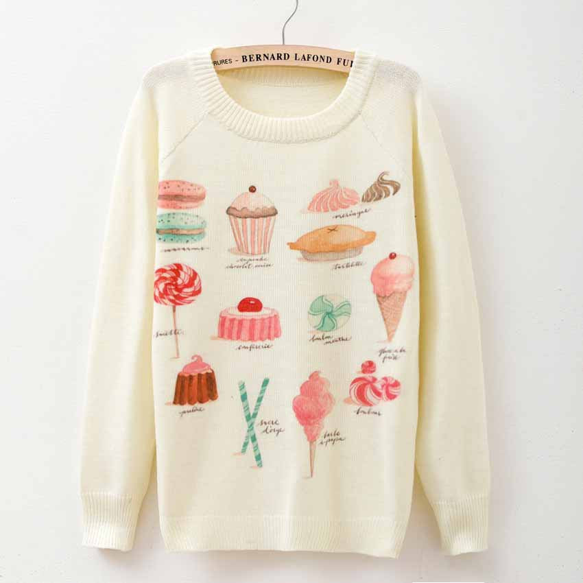 Cat party print Harajuku Wool Blend Brand Knitwear Sweaters Women's Pullover O-neck Long Sleeve fashion Slim Knitted Clothing - CelebritystyleFashion.com.au online clothing shop australia