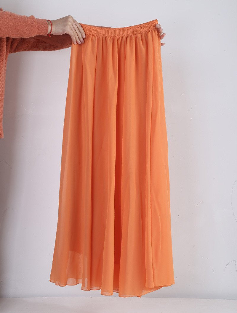 Women Chiffon Long Skirts Candy Color Pleated Maxi Skirts Spring Summer Skirts